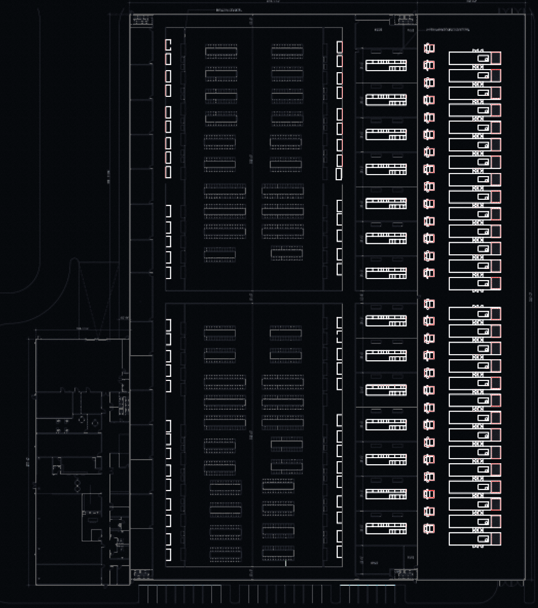 13.5MW AI inference data center hall floor plan with GPU rack layout