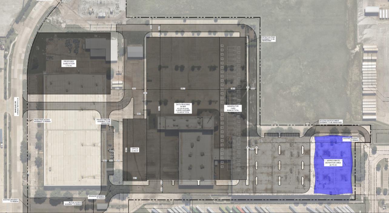 Aerial site plan — 18.74 acre AI inference data center campus in North Dallas